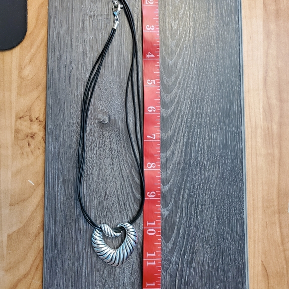 Silver Stipe Heart Black Cord Necklace - Picture 4 of 5